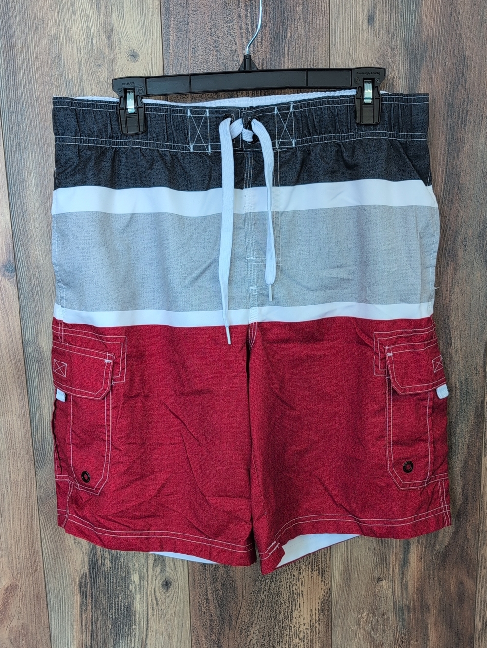 OP Men's Red, Gray and Black Stripe Swim Trunks Board Shorts M     670A